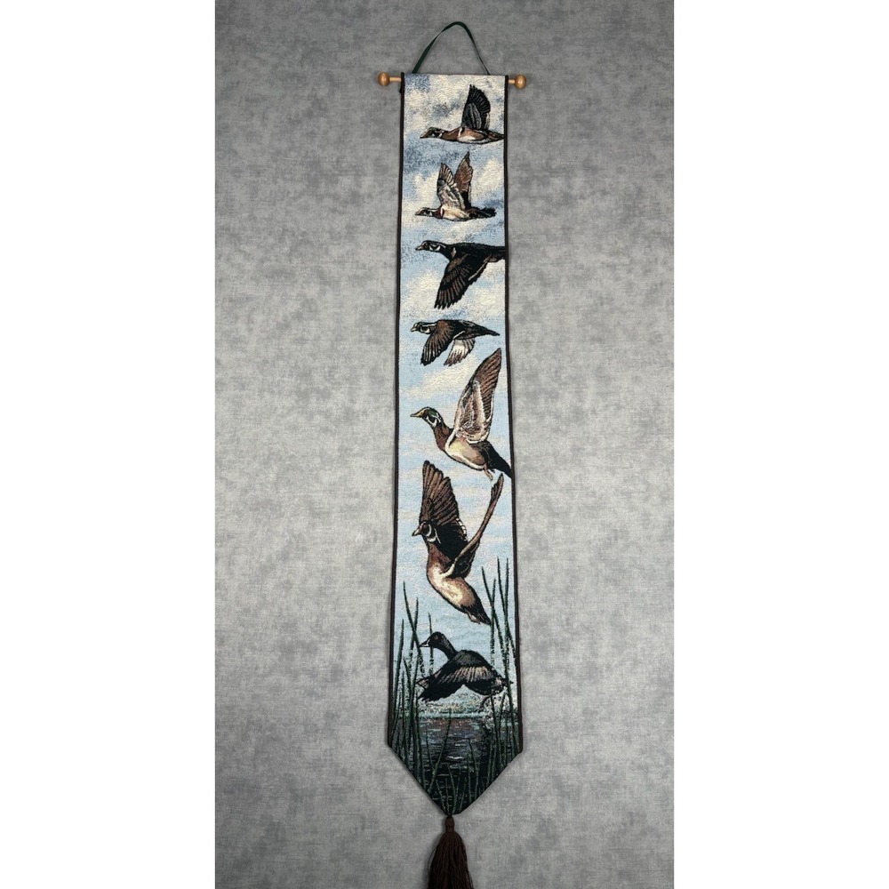 Vintage Wood Duck Geese Tapestry Bell Pull Wall Hanging 40" Made USA Decor